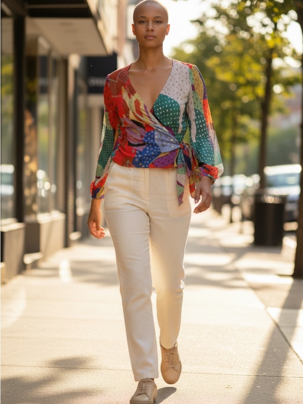 Colorful Abstract Print Tie-Front wrap blouse